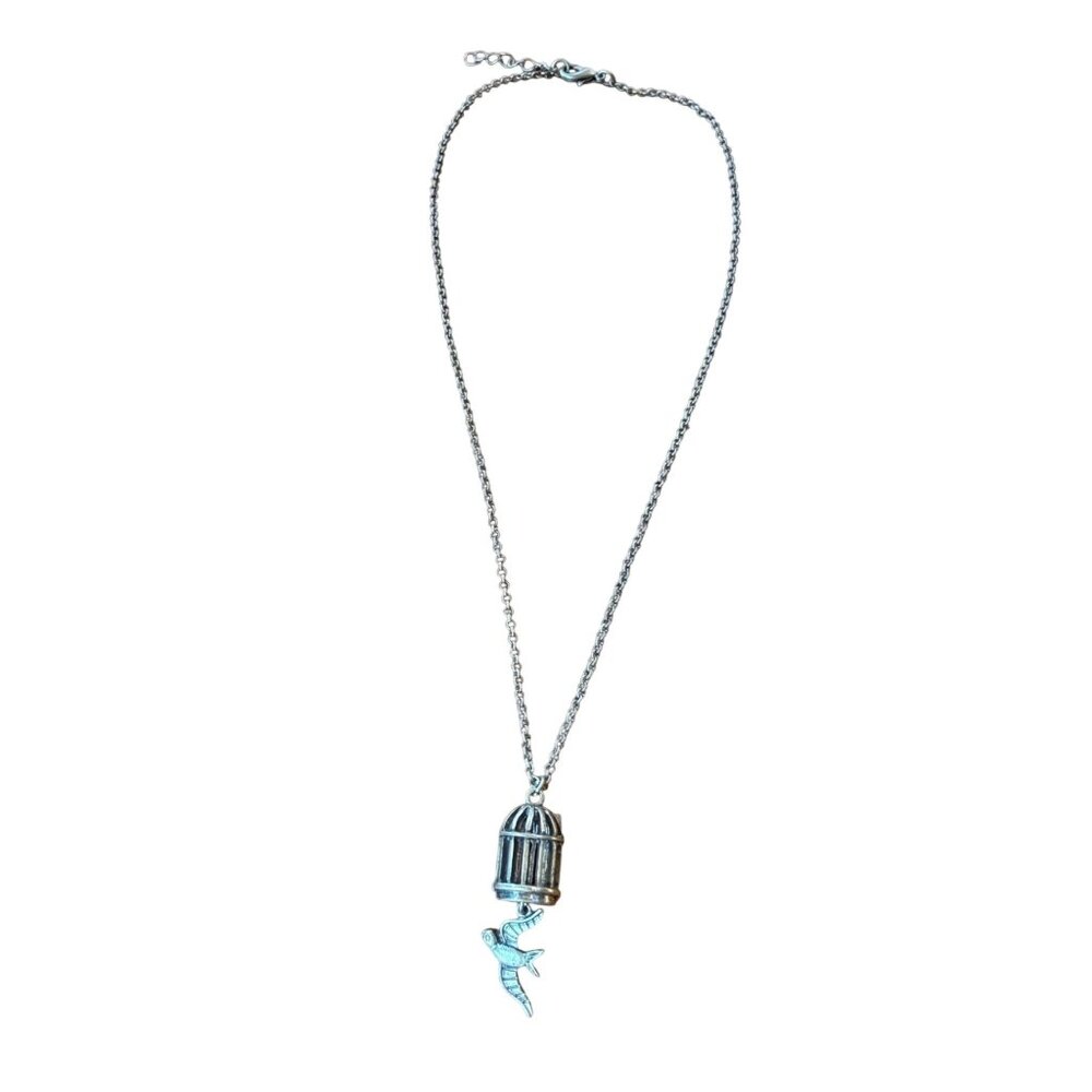 Necklace Bird Cage Pendant Chain Whimsical Boho Pewter Tone 16-19 inches